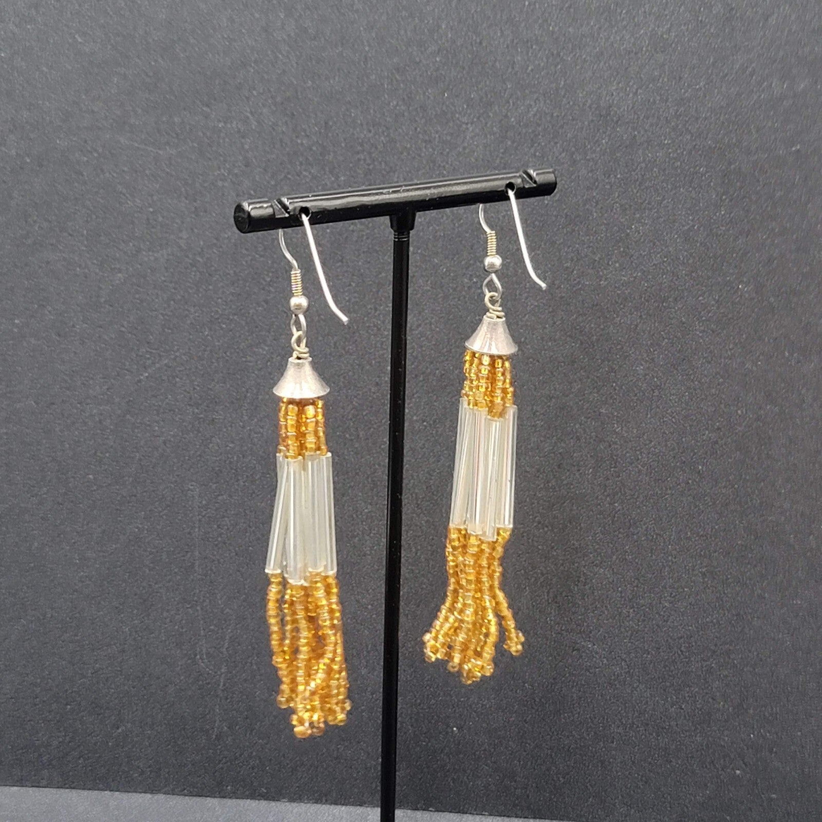 Pierced Earrings Silver tone Orange Seed Bead Multi Strand Dangle 2.5"