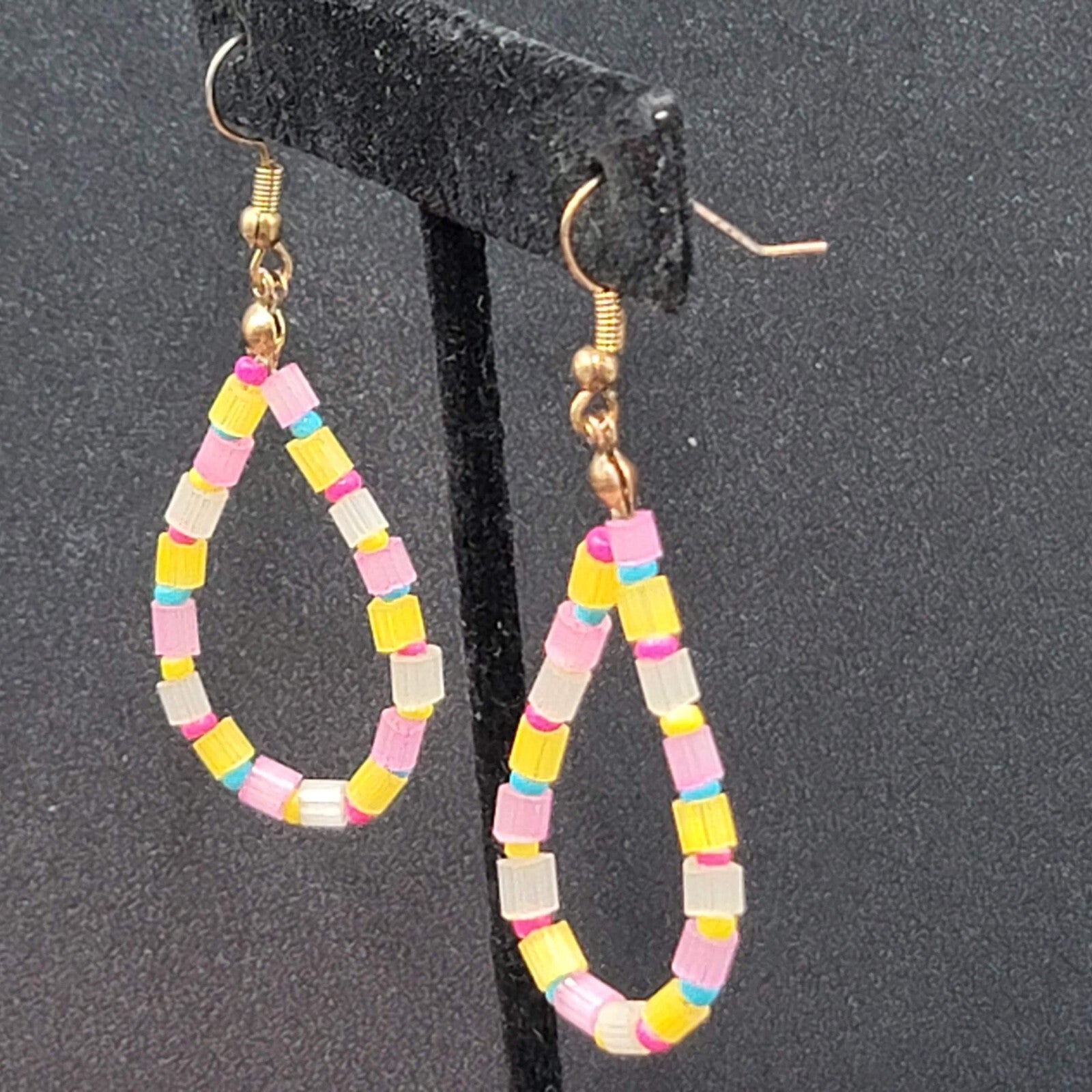 Pierced Earrings Blue Yellow Pink Beaded Teardrop Hoops 1.75"