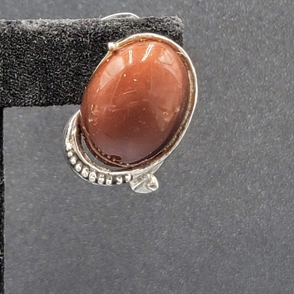 Vintage Clip on Earrings Silver tone Brown Oval Cabochon Acrylic Drop 1 1/8"