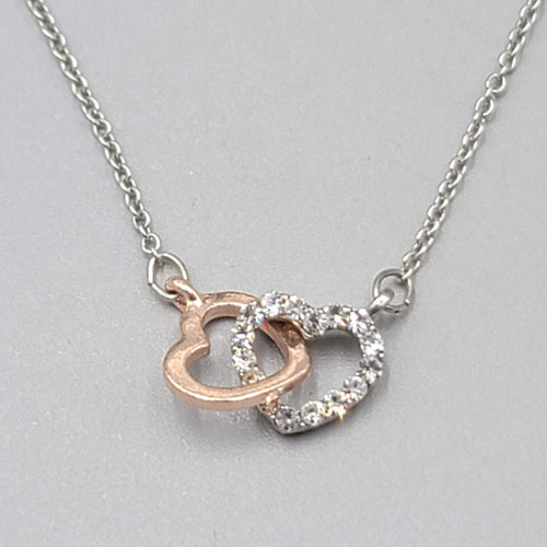 Double Heart Necklace Silver tone Two Toned Crystal 18"