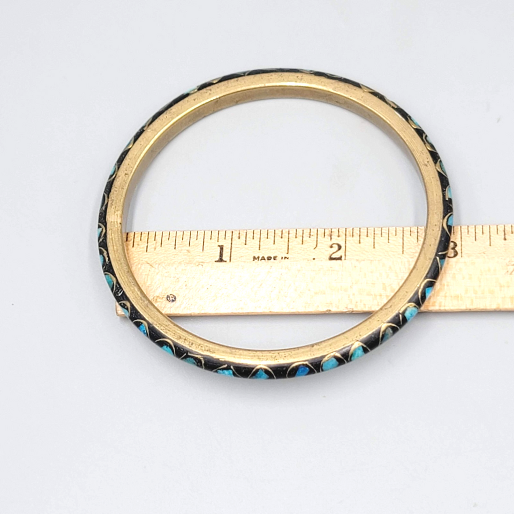 Vintage Black Blue Inlay Brass Bangle Bracelet Ethnic 8.25"