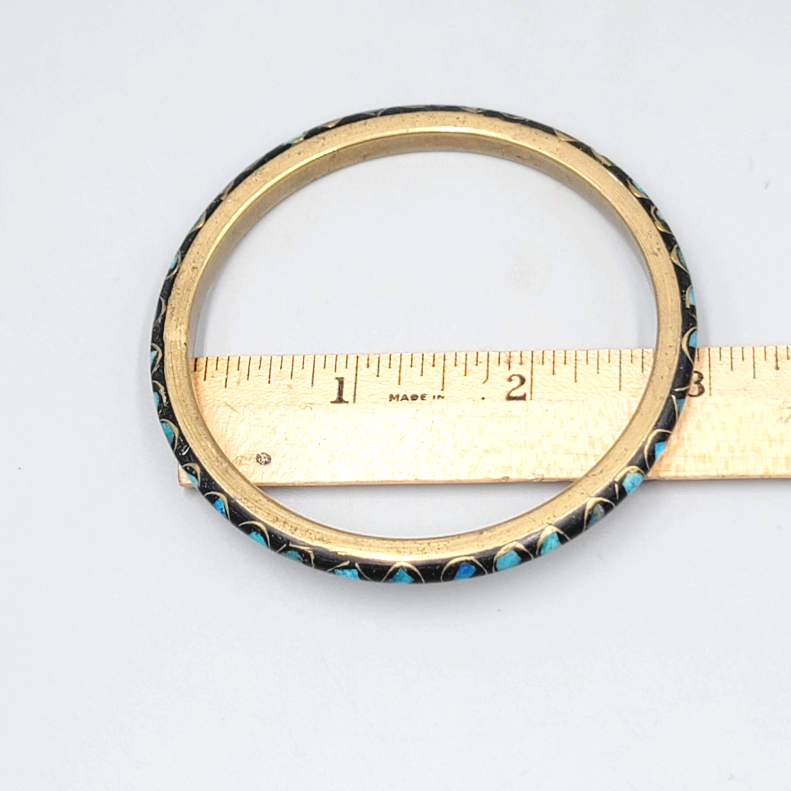 Vintage Black Blue Inlay Brass Bangle Bracelet Ethnic 8.25"