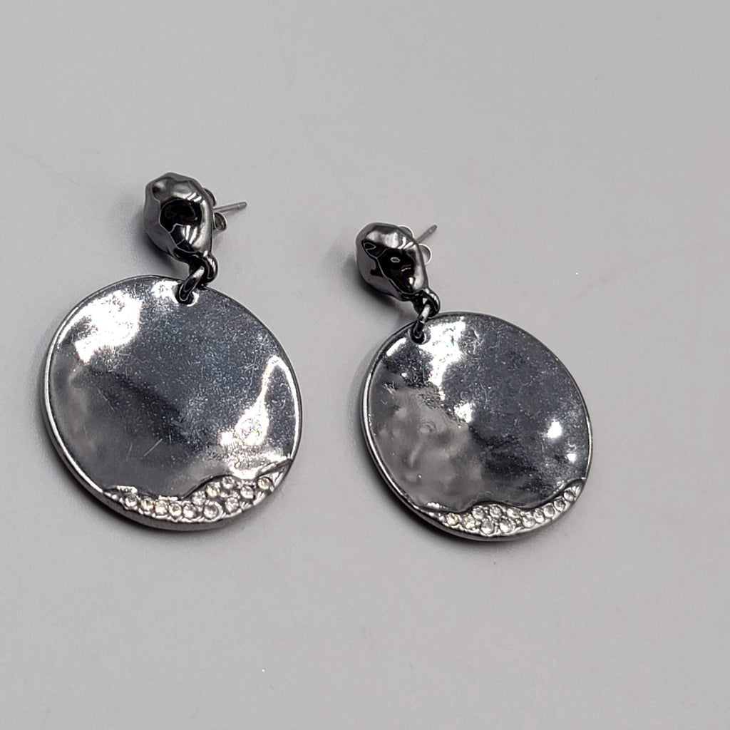 Black Metal Statement Pierced Earrings Rhinestone Round Dangle 1 5/8"