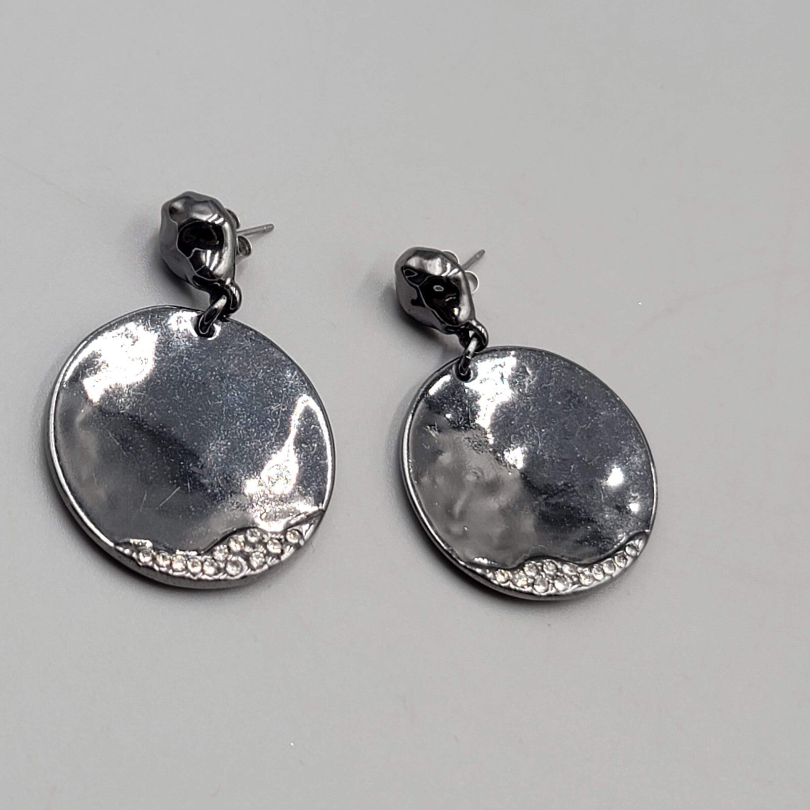Black Metal Statement Pierced Earrings Rhinestone Round Dangle 1 5/8"