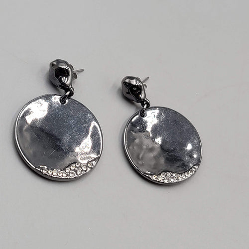Black Metal Statement Pierced Earrings Rhinestone Round Dangle 1 5/8"