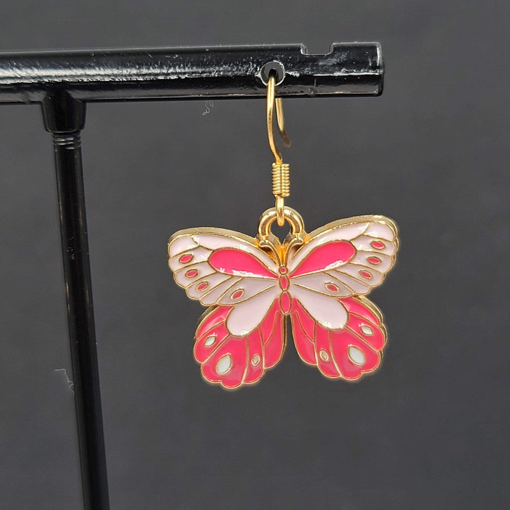 Moth Pink Enamel Pierced Earrings Gold tone Dangle Butterfly 3/4"