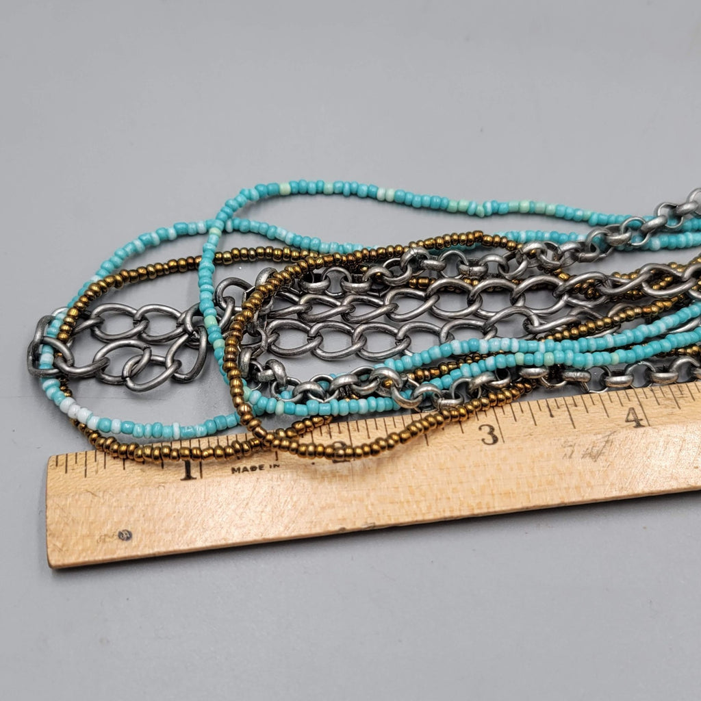 Blue Seed Bead Silver tone Chains Necklace 6 Strand 18"-20"