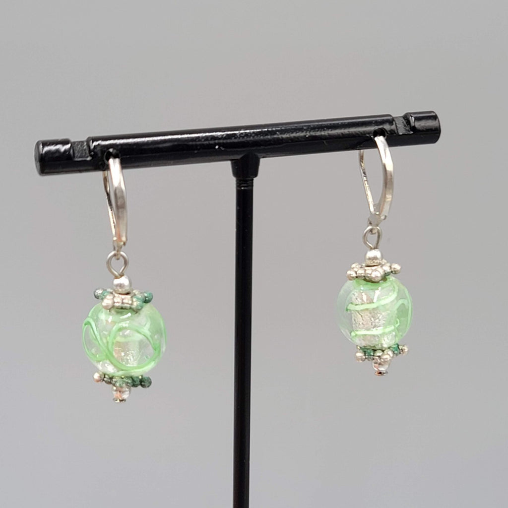 Green Swirl Glass Bead Pierced Earrings Silver tone Dangle 3/4"