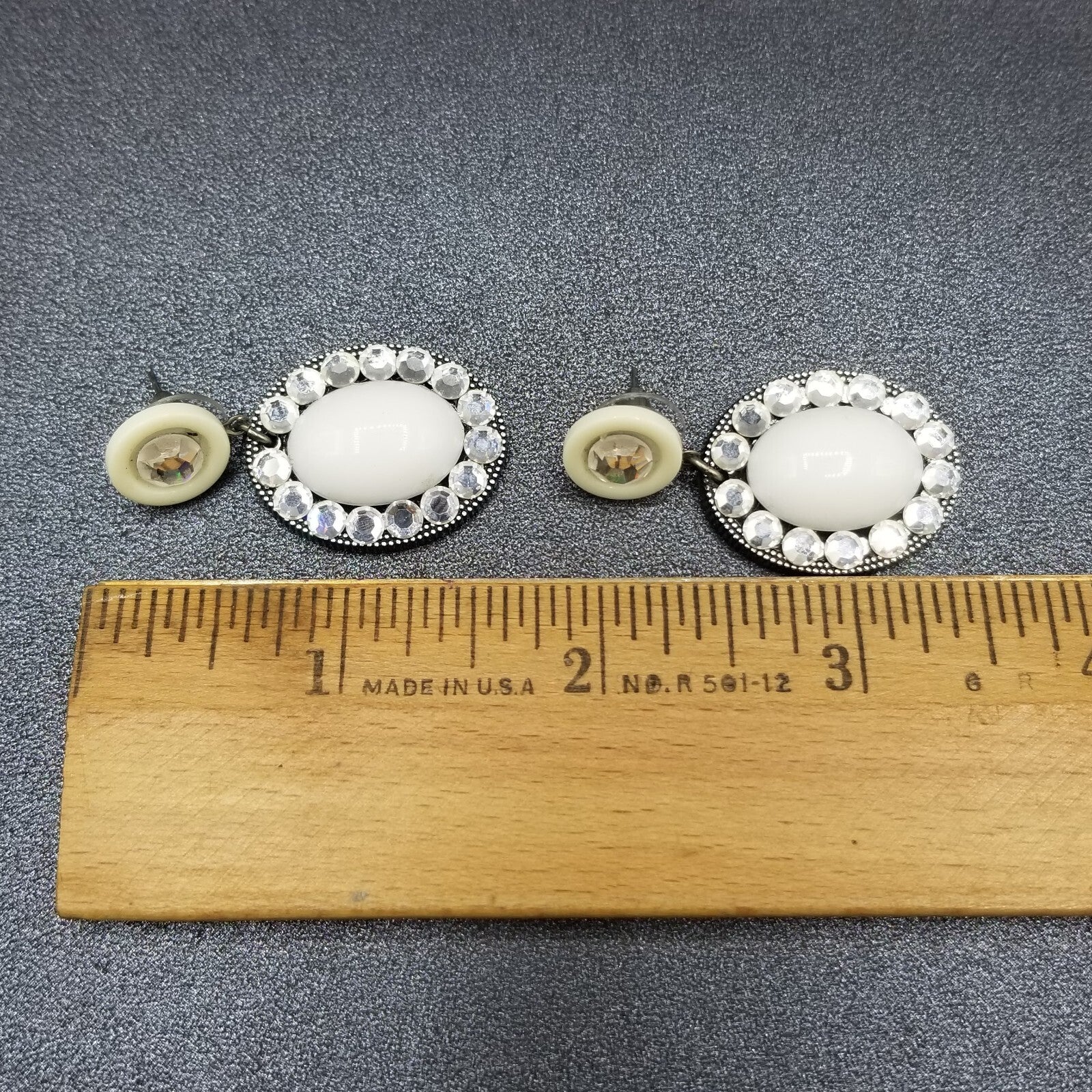 Pierced Earrings Black White Acrylic Oval Button Crystal Statement Dangle 1 5/8"