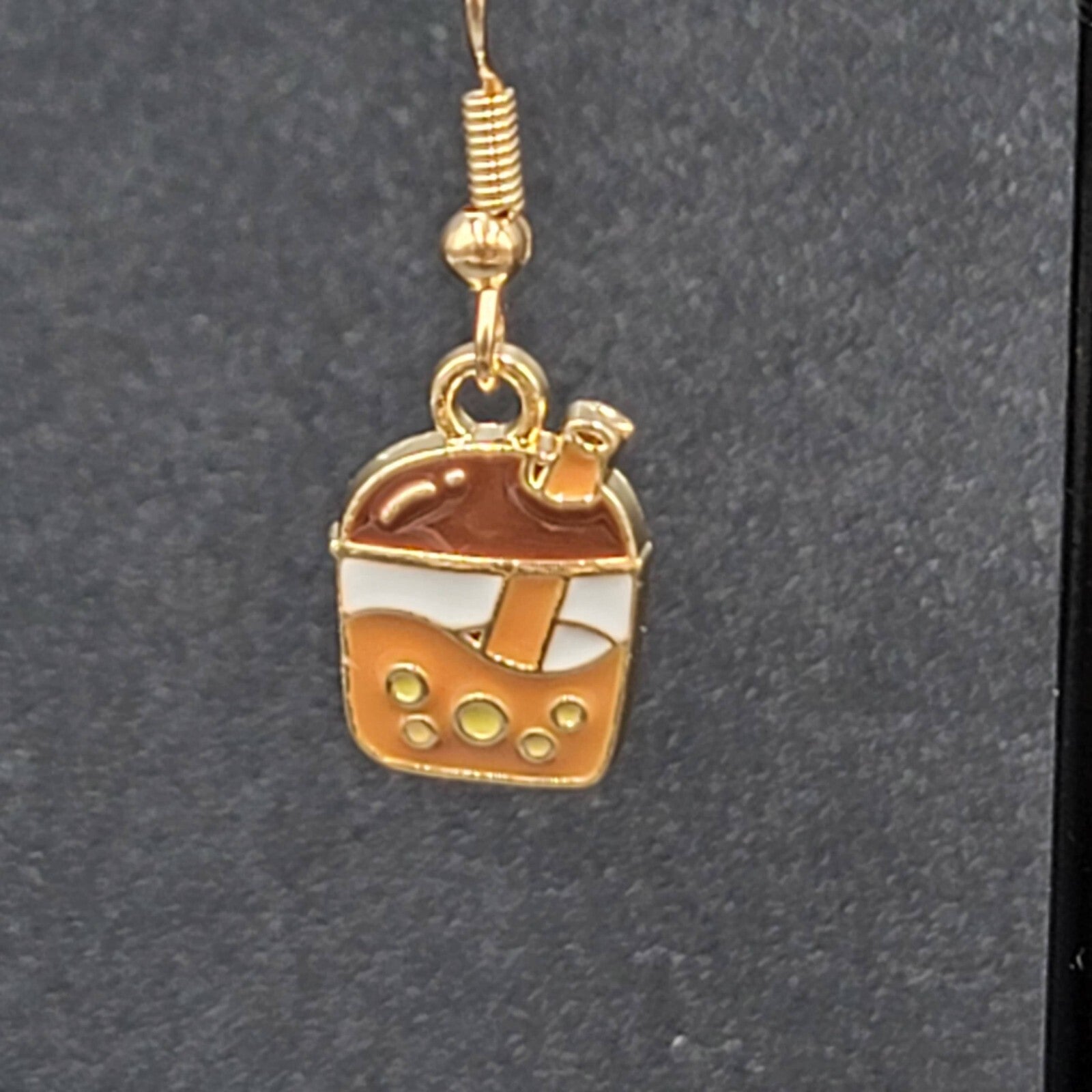 Boba Tea Pierced Earrings Gold tone Coffee Drink Dangle Enamel 1/2"