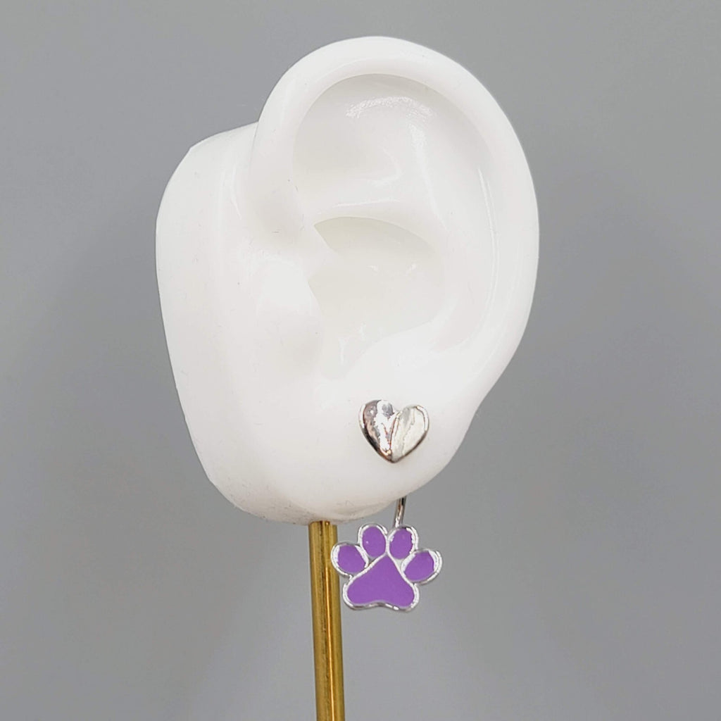 Pierced Earrings Purple Enamel Paw Drop Jacket Silver tone 1.25"