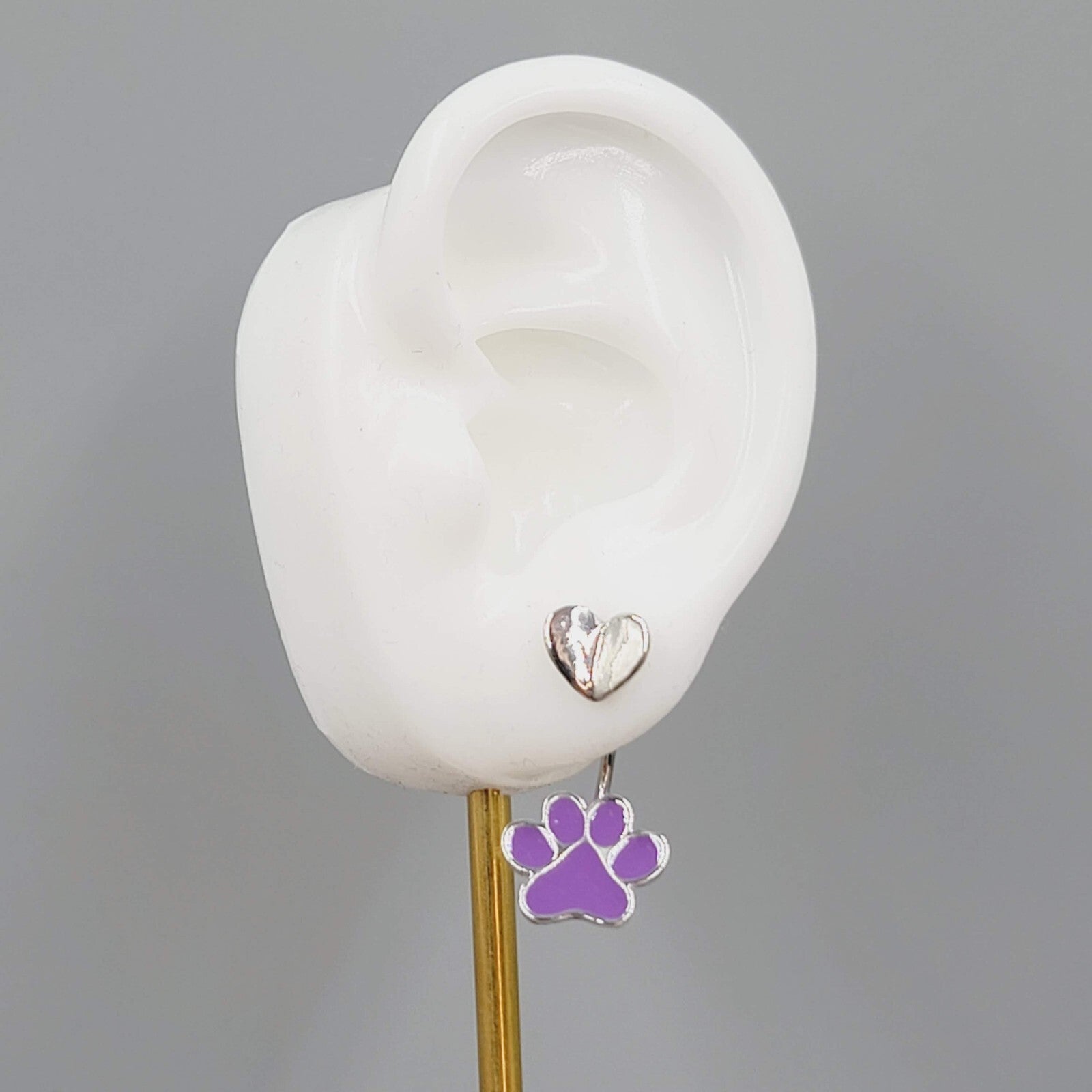 Pierced Earrings Purple Enamel Paw Drop Jacket Silver tone 1.25"