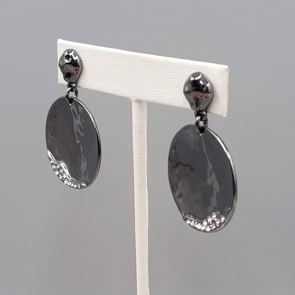 Black Metal Statement Pierced Earrings Rhinestone Round Dangle 1 5/8"