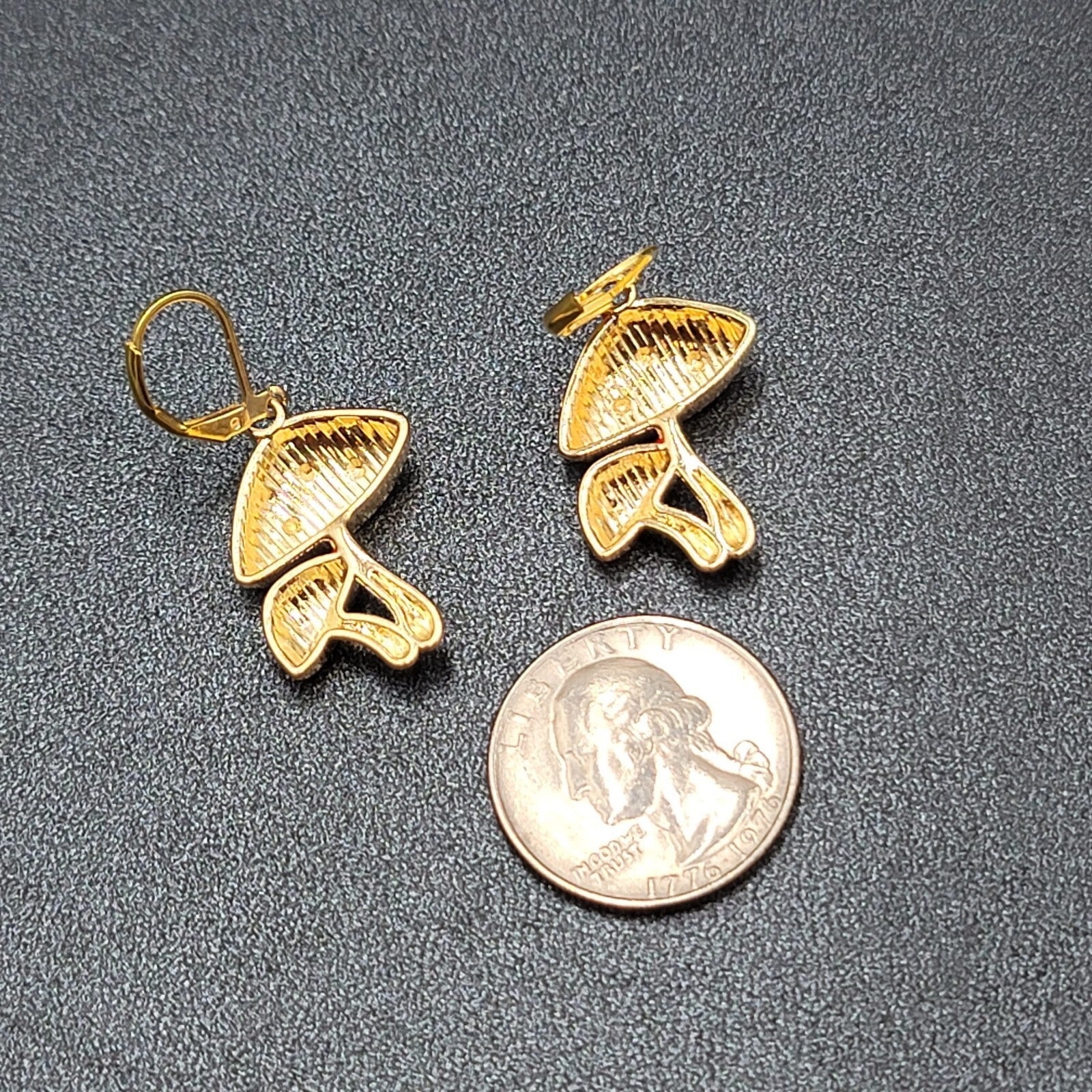 Double Mushroom Pierced Earrings Gold tone Enamel Red White Polka Dot Dangle 1"