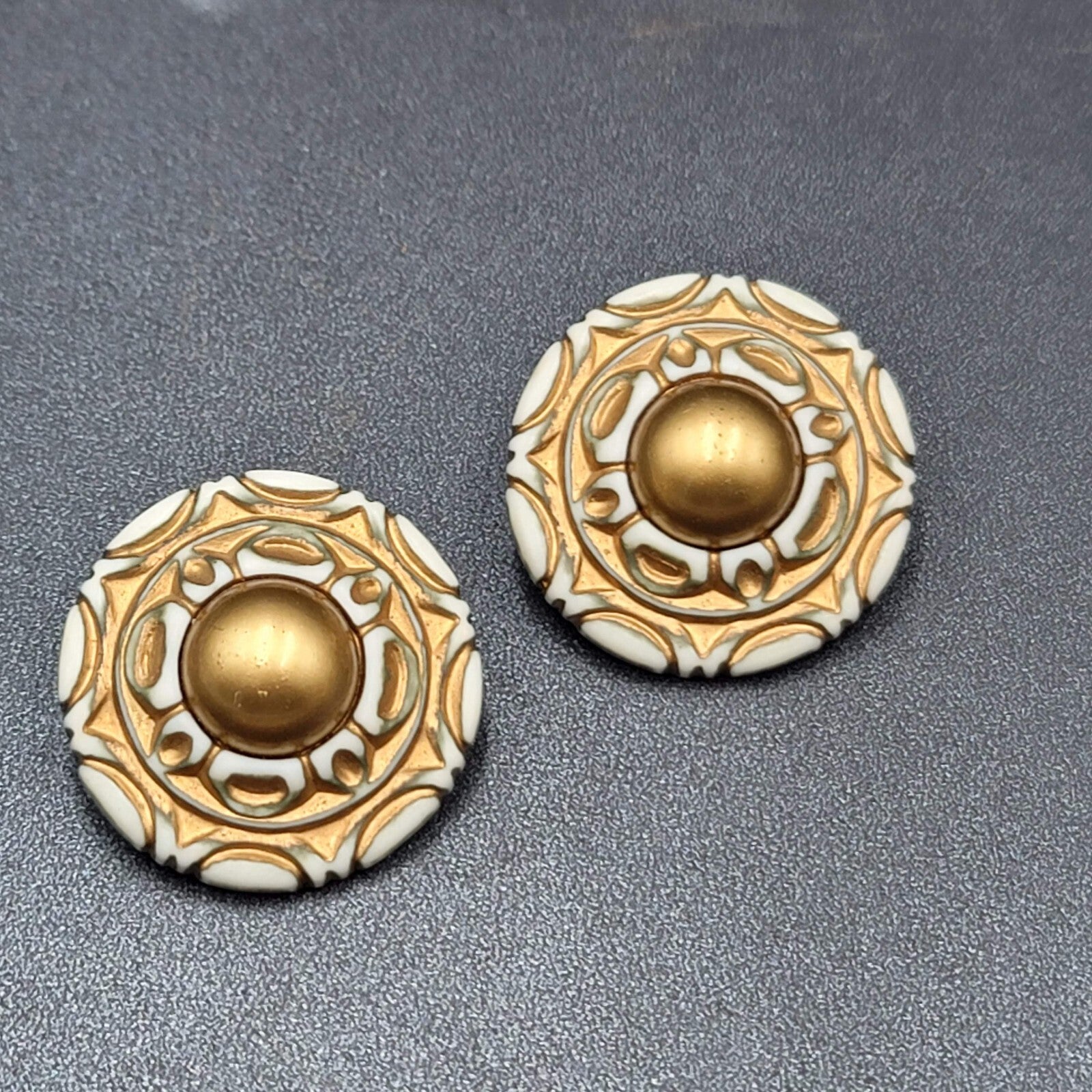 Vintage Pierced Earrings Large Statement Engraved Green Gold White Acrylic  1.5"