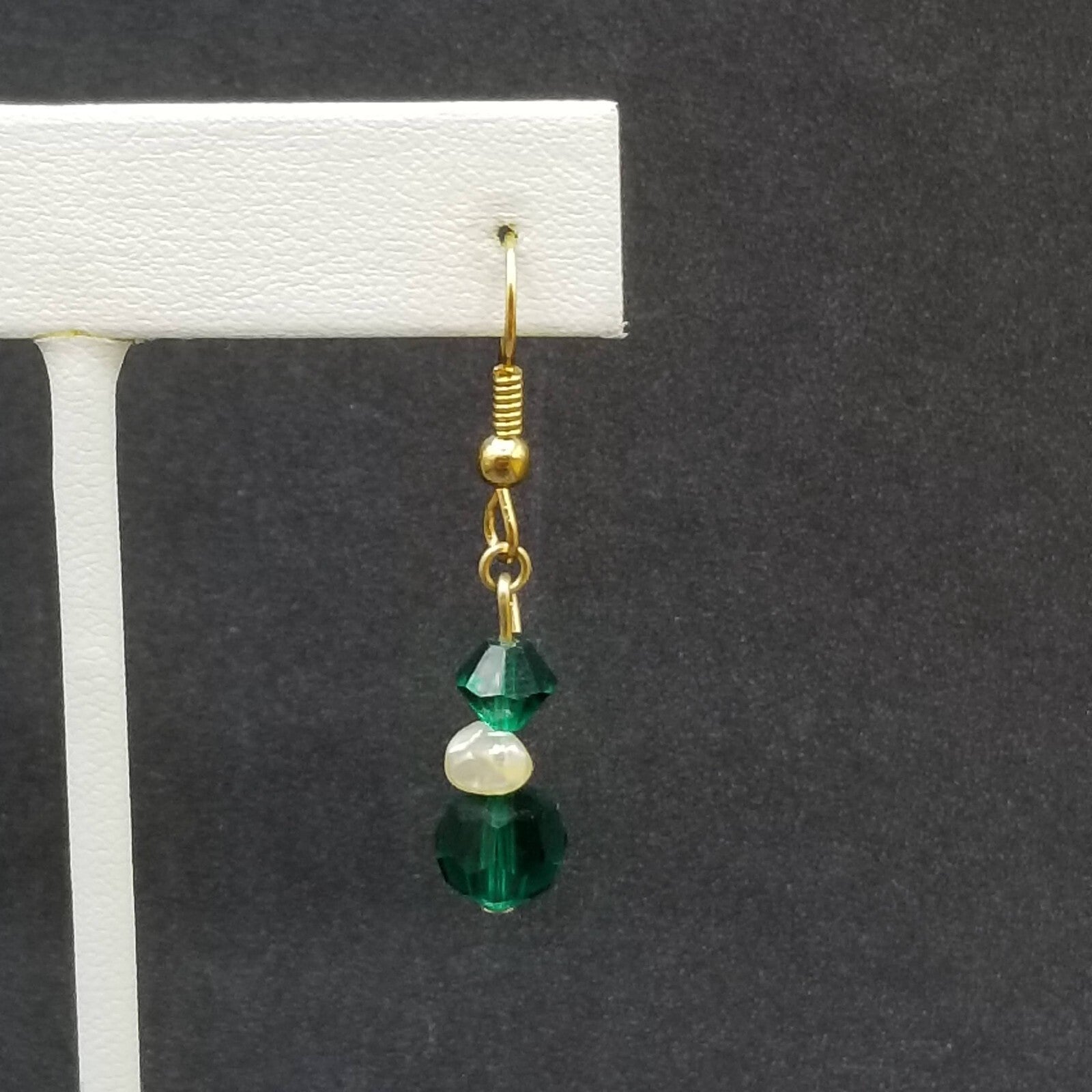 Pierced Earrings Gold tone Green Faceted Crystal Beaded Dangle  3/4"
