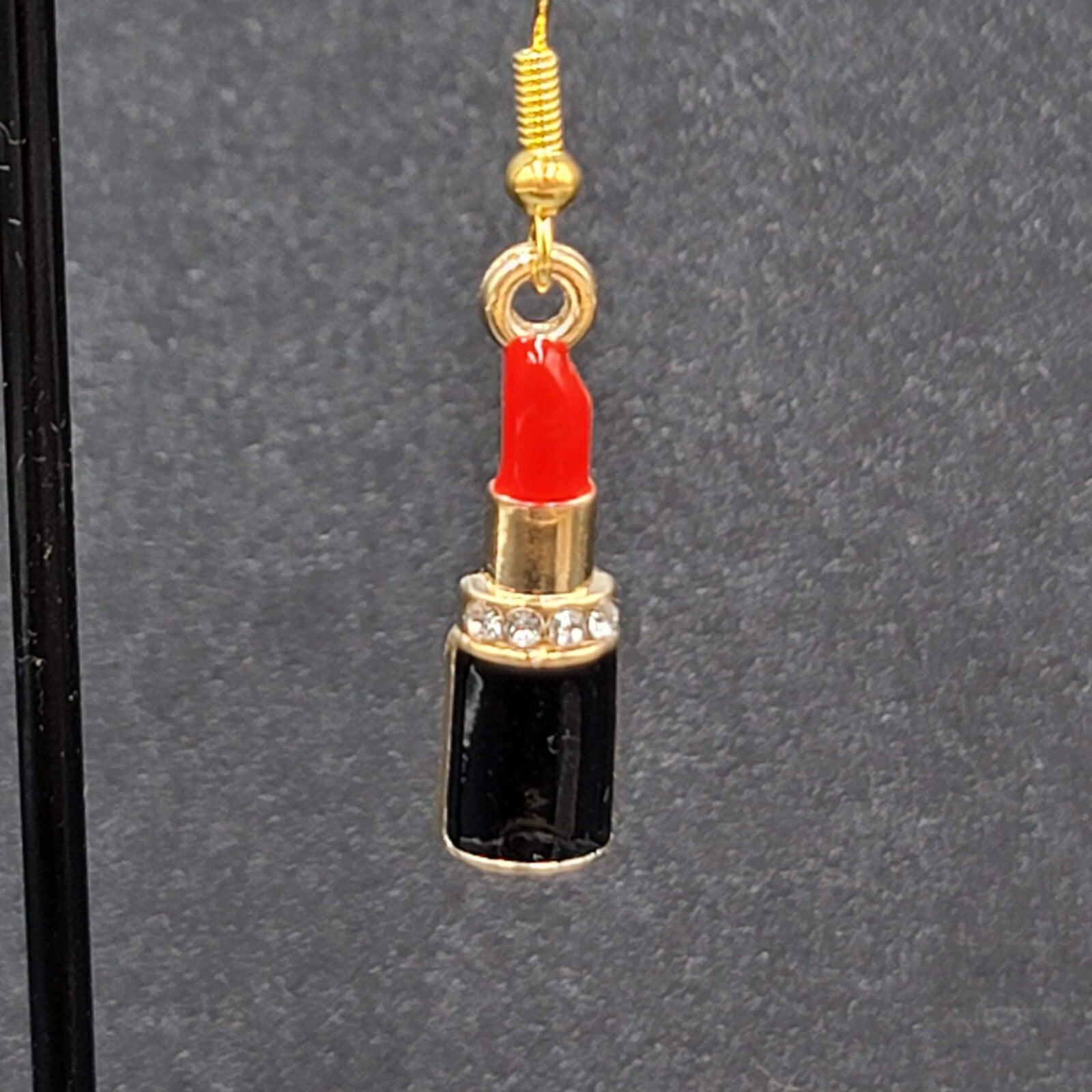 Lipstick Pierced Earrings 3D Gold tone Red Black Enamel Crystal Dangle 1"