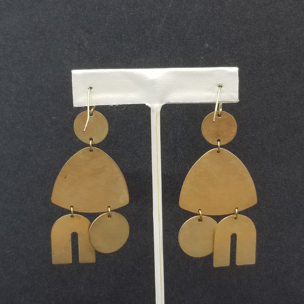 Pierced Earrings Gold tone Multicolor Geometric Statement Dangle 2 5/8"