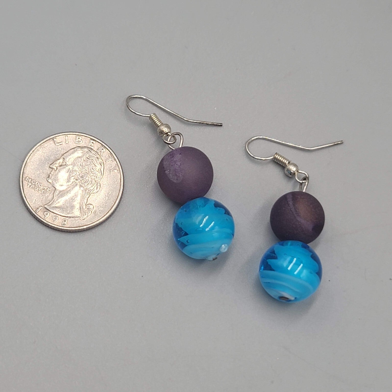 Purple Blue Art Glass Bead Pierced Earrings Silver tone 1.25"