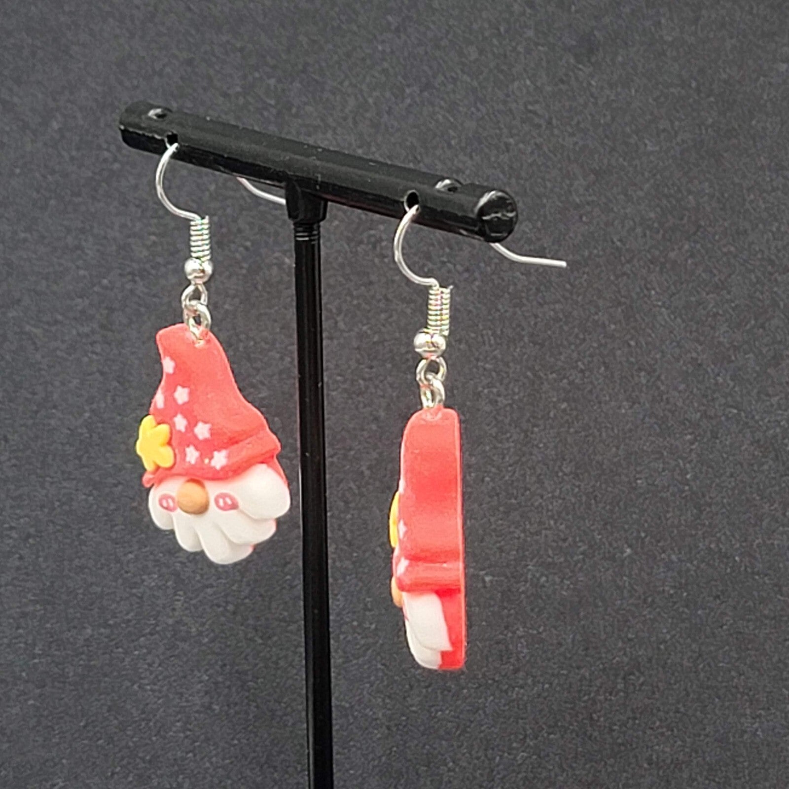 Gnome Christmas Pierced Earrings Puffy 3D Dangle 1 1/8"