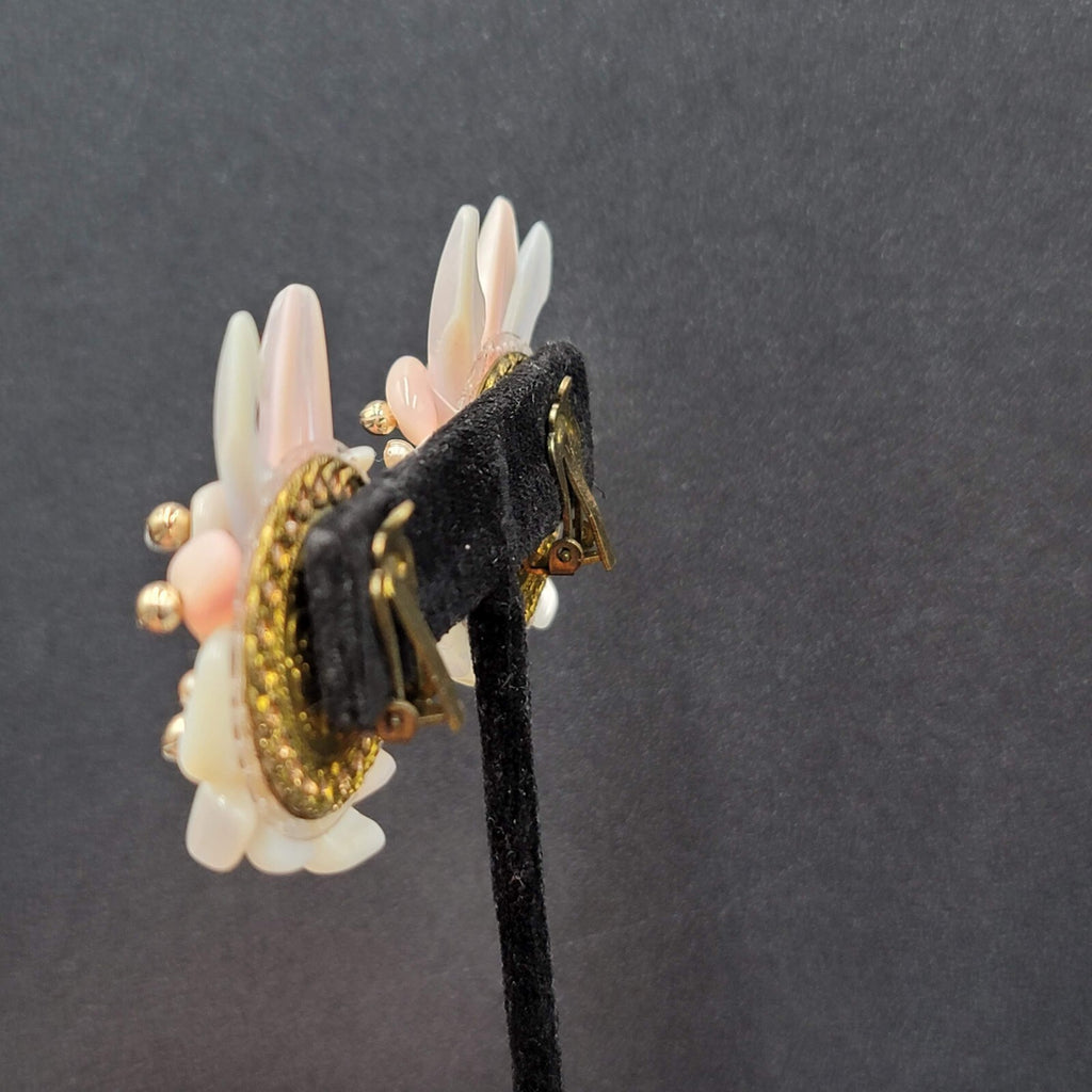 Vintage Clip on Earrings Large Statement Shell Climber Cluster Beads 1.75"
