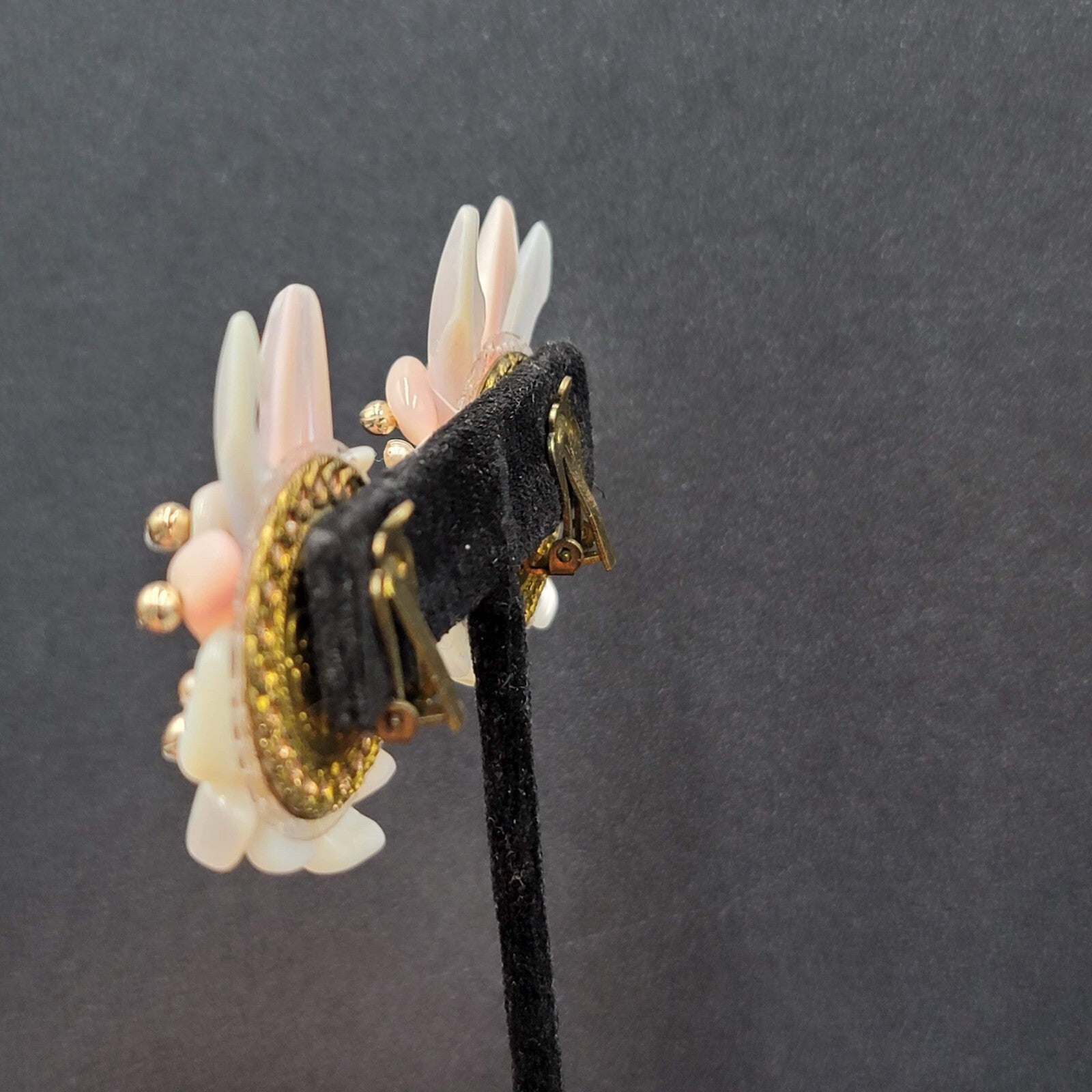 Vintage Clip on Earrings Large Statement Shell Climber Cluster Beads 1.75"