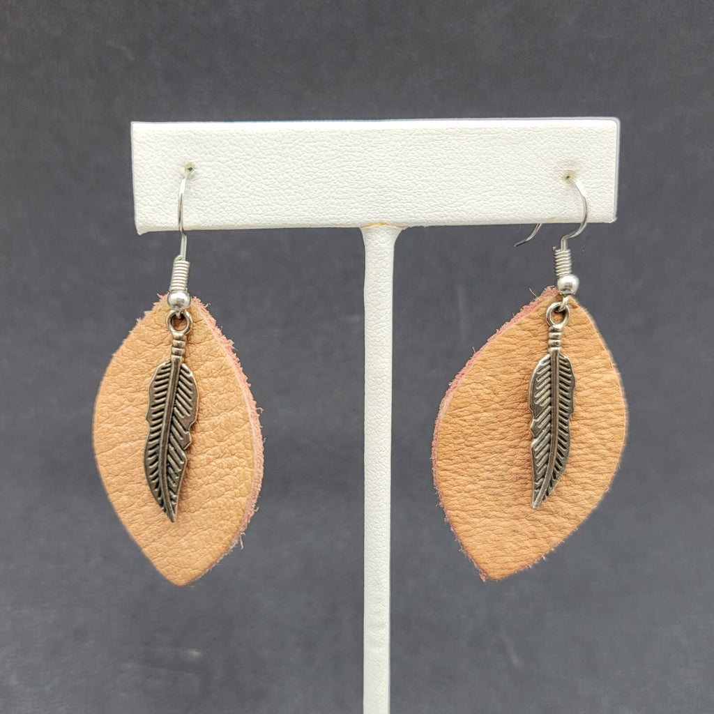 Bohemian Leather Teardrop Dangle Pierced Earrings 1.75" Metal Feather