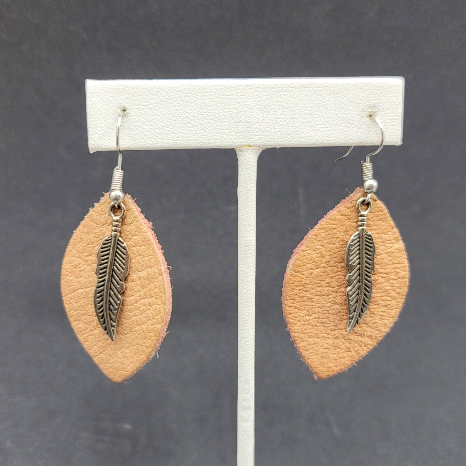 Bohemian Leather Teardrop Dangle Pierced Earrings 1.75" Metal Feather