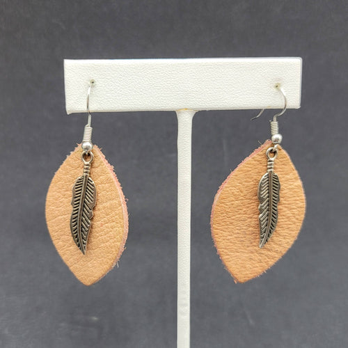 Bohemian Leather Teardrop Dangle Pierced Earrings 1.75" Metal Feather