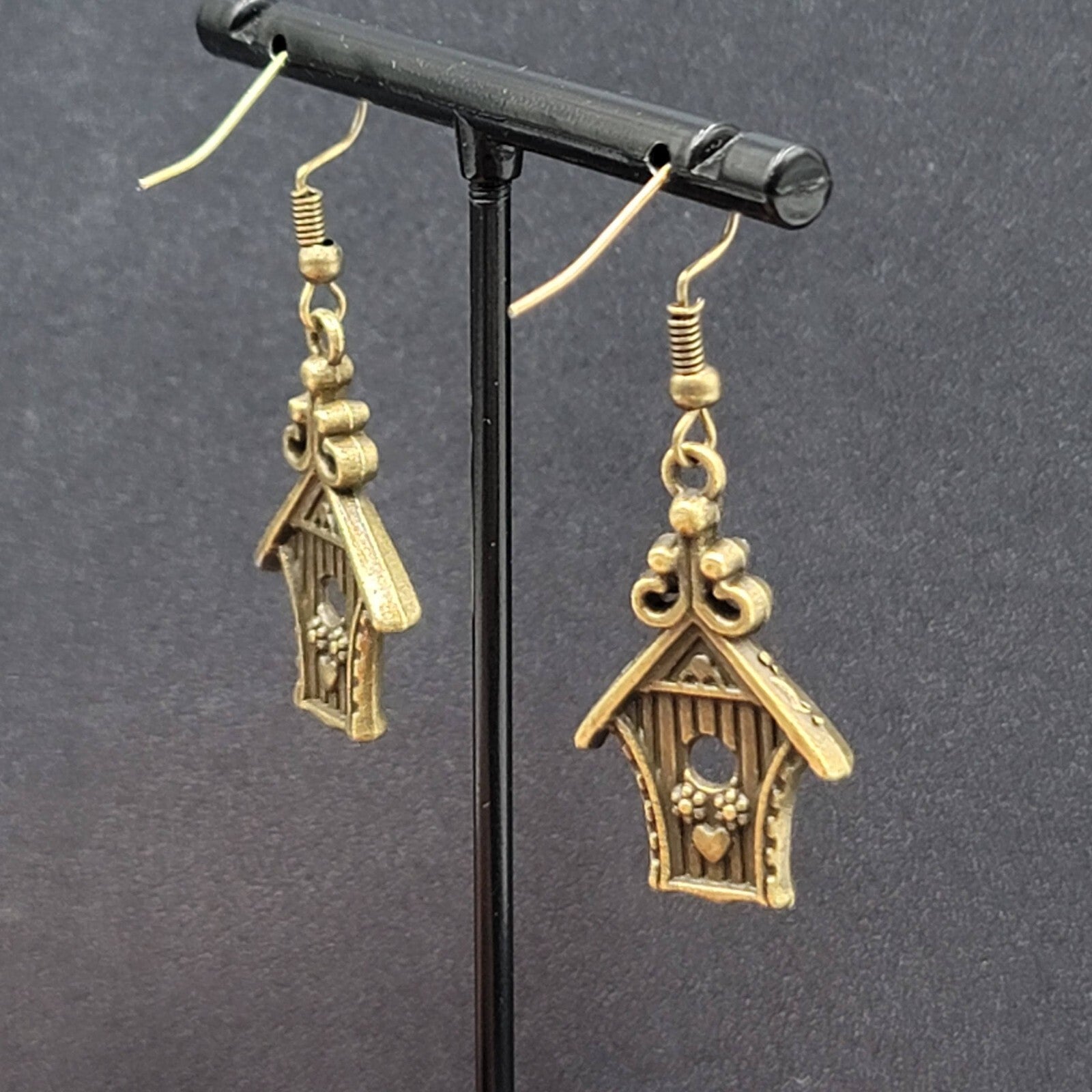 Birdhouse Pierced Earrings Bronze tone Dangle 3D Embossed 1 1/8"