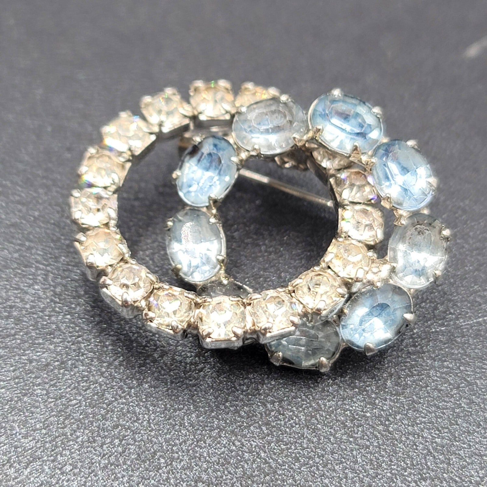 Vintage Brooch Blue Rhinestone Intertwined Circles 1 3/8" Estate Jewelry