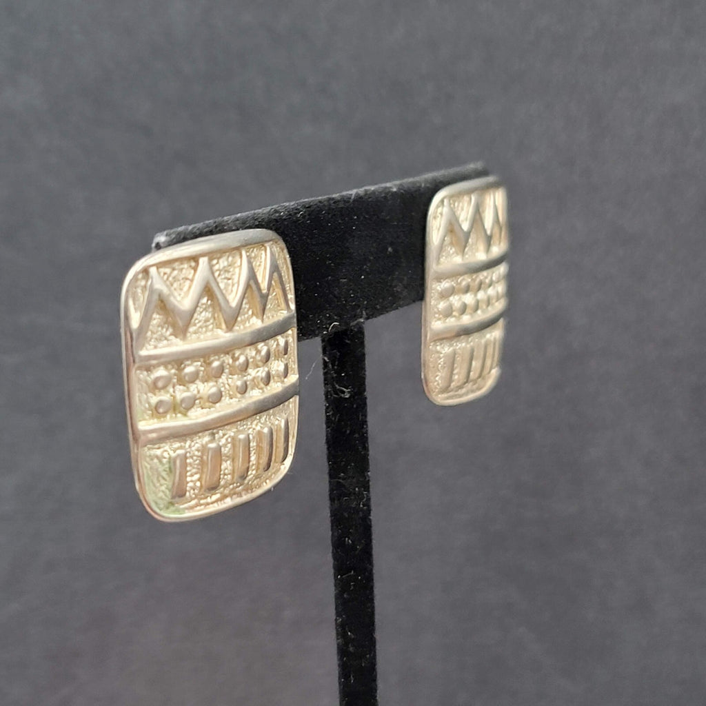 Vintage Pierced Earrings Silver tone Embossed Rectangle Drop 1"