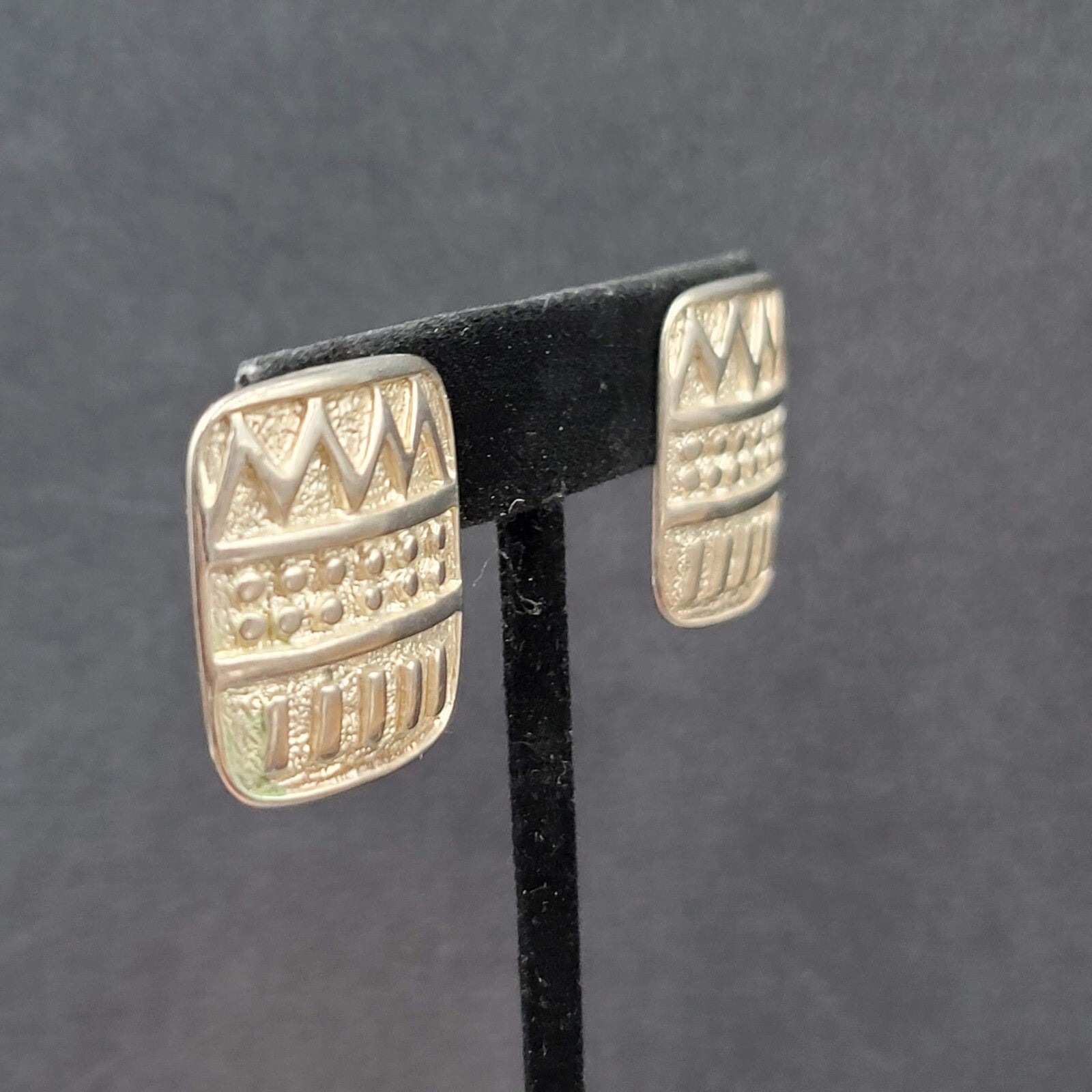 Vintage Pierced Earrings Silver tone Embossed Rectangle Drop 1"