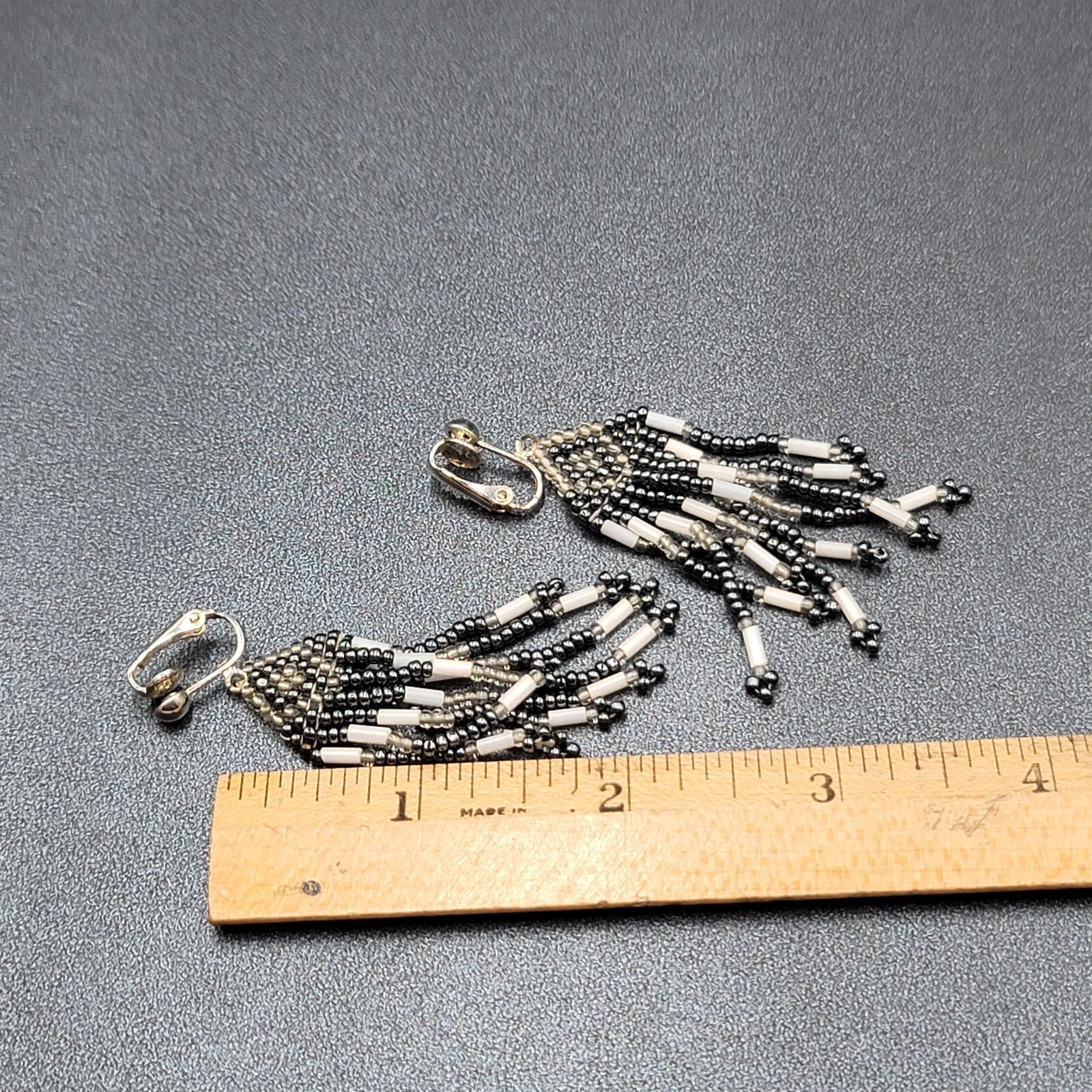 Vintage Clip on Earrings Seed Bead Weaved Dangle 2 3/8"