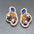 Artisan Pierced Earrings Leather Beaded Gold tone Rose Unusual Fun Drop 1.5"