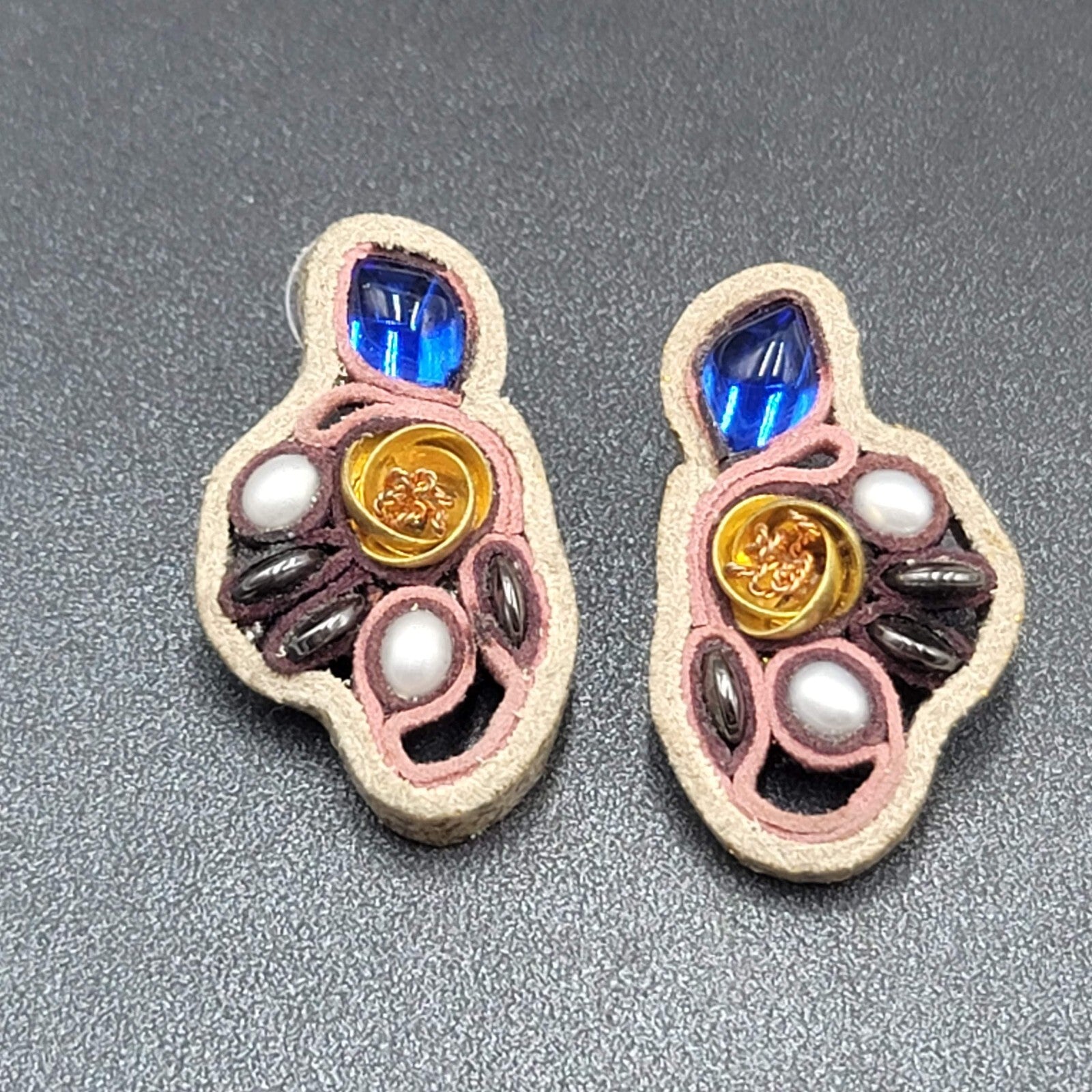 Artisan Pierced Earrings Leather Beaded Gold tone Rose Unusual Fun Drop 1.5"