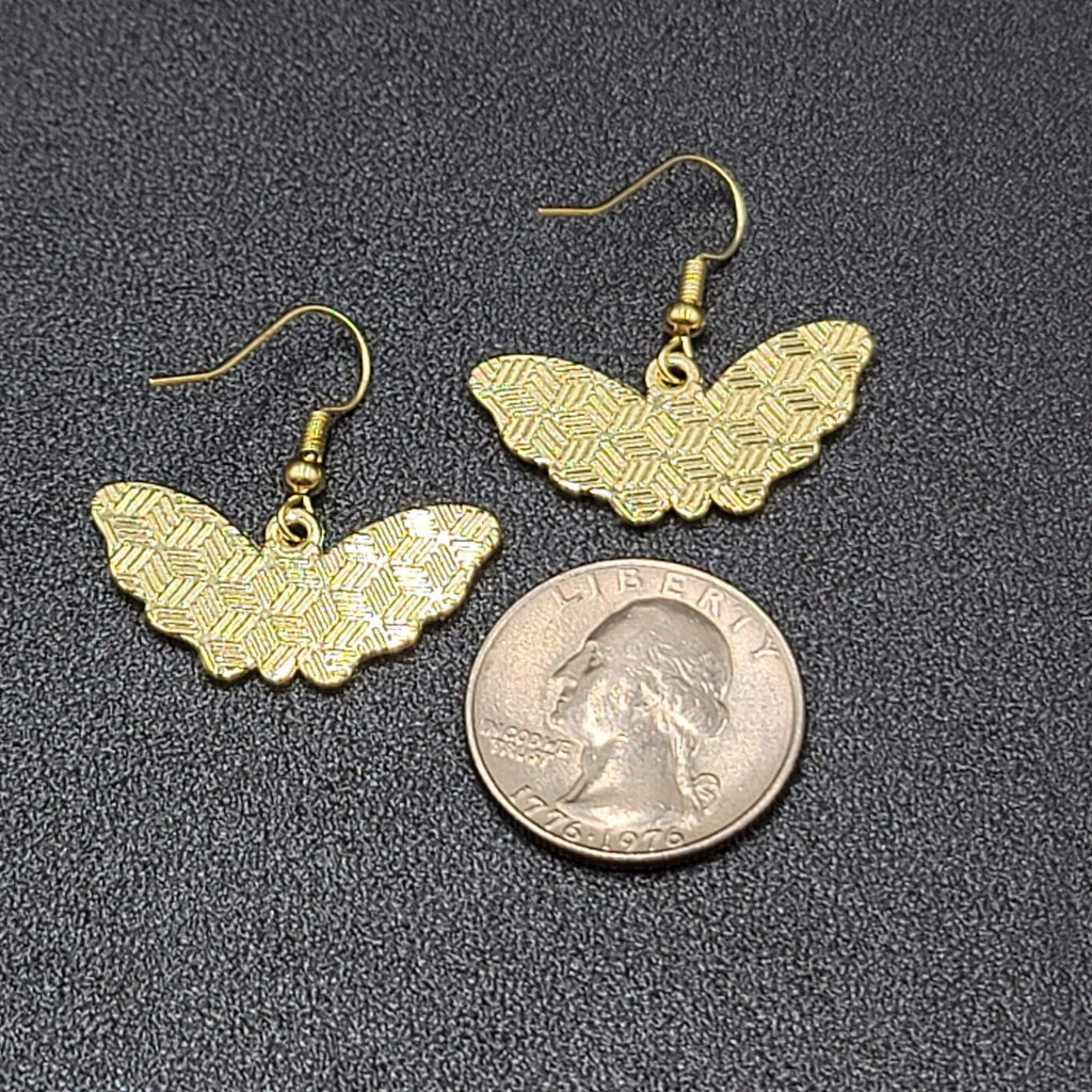 Moth Pierced Earrings Gold tone Green Pink Black Enamel Dangle 1/2"