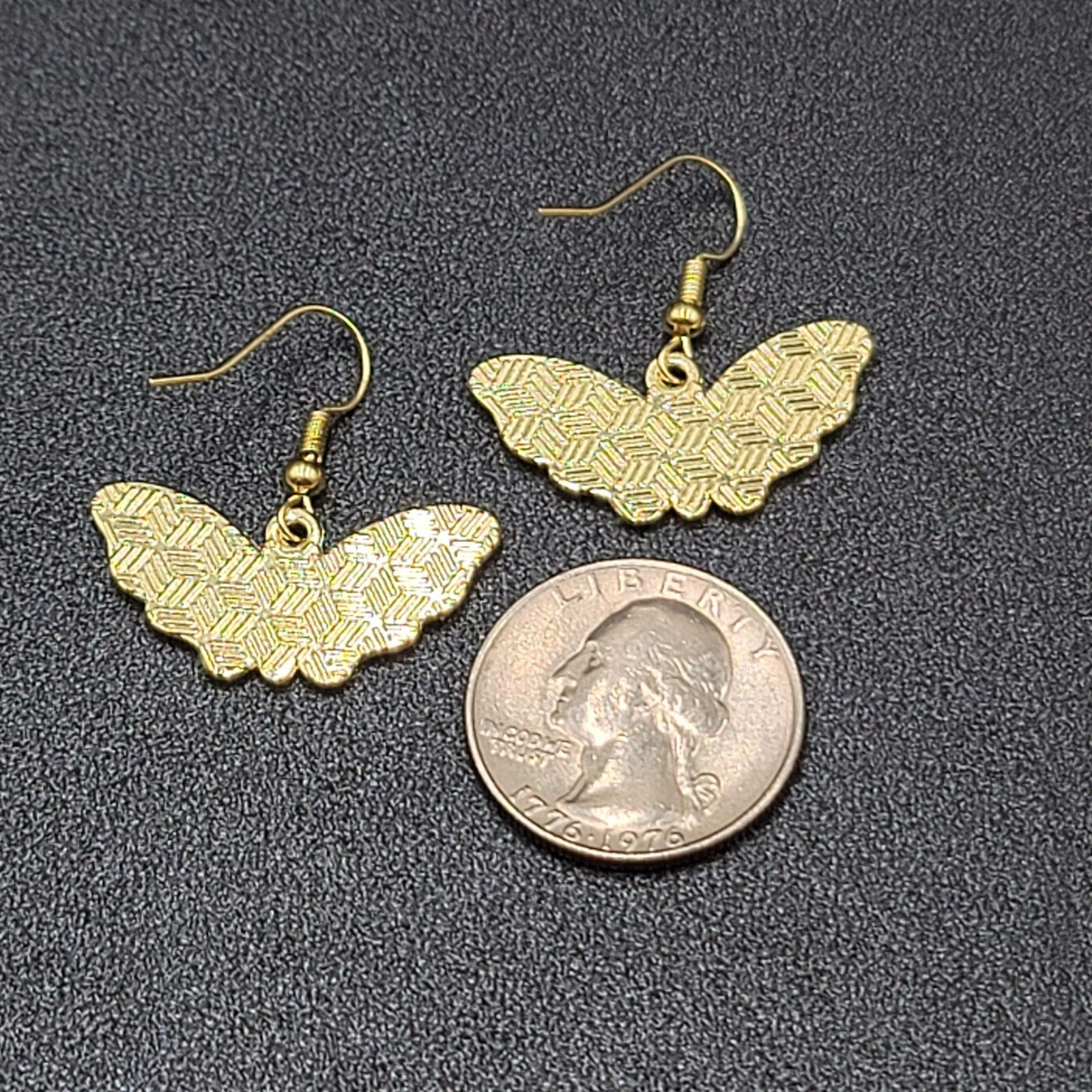 Moth Pierced Earrings Gold tone Green Pink Black Enamel Dangle 1/2"