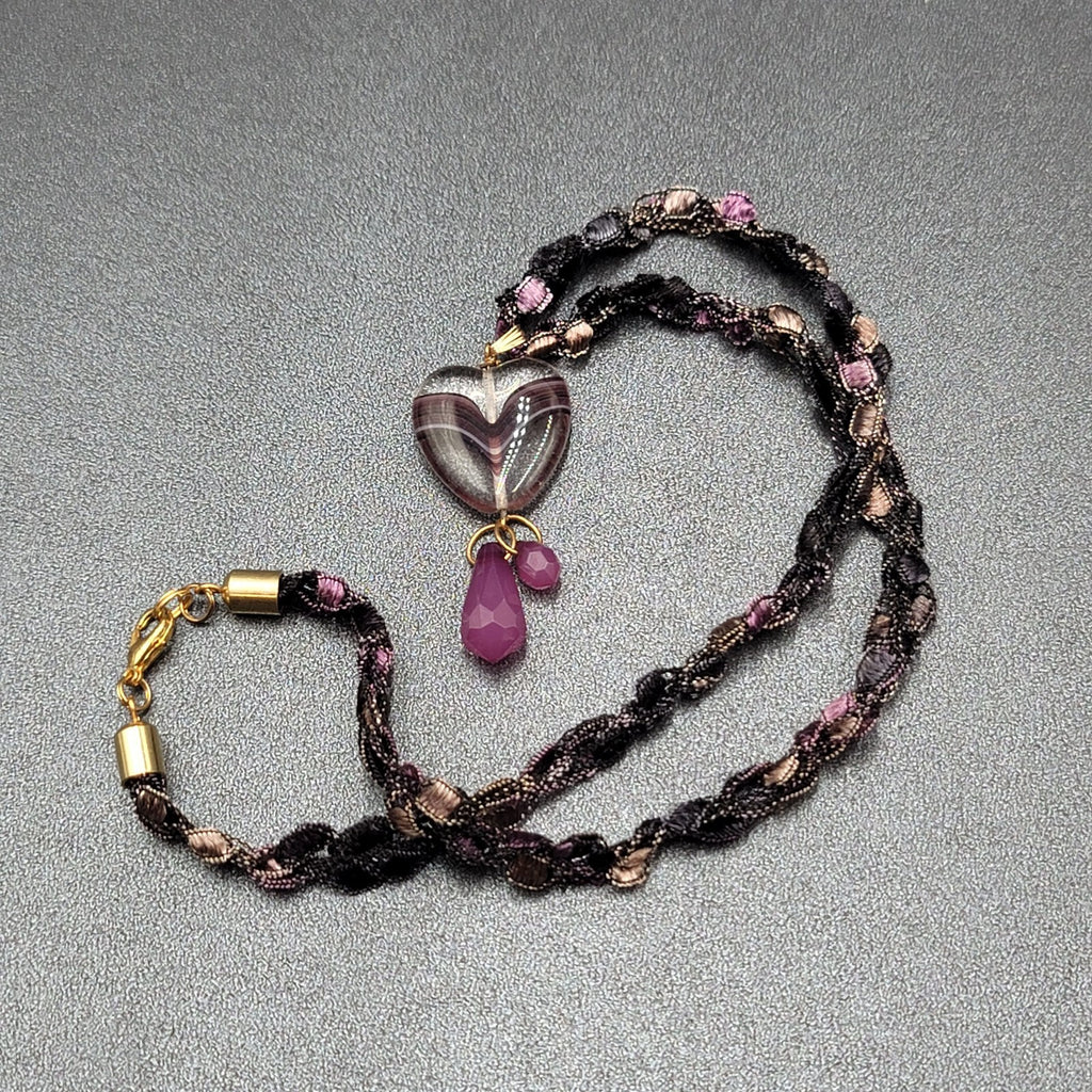 Purple Necklace Art Glass Heart Pendant 20"