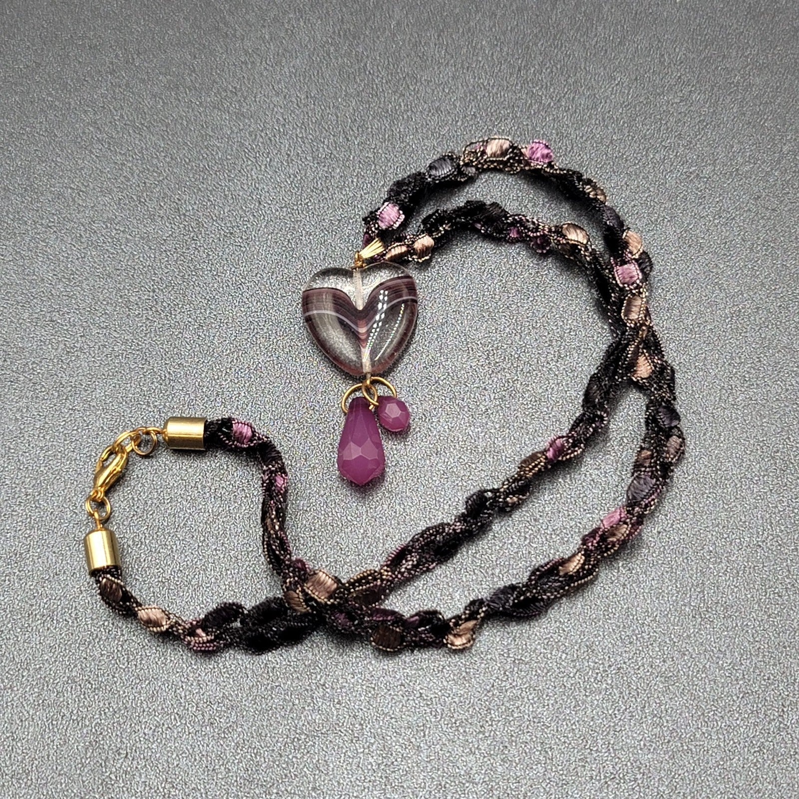 Purple Necklace Art Glass Heart Pendant 20"