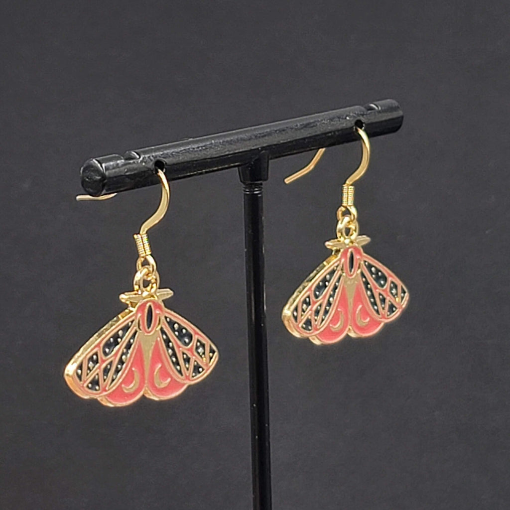 Moth Enamel Pierced Earrings Gold tone Dangle Butterfly