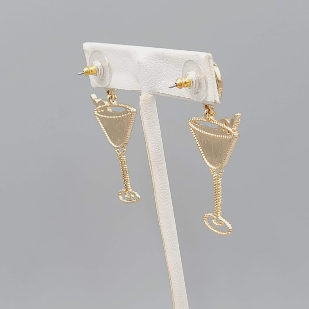 Pink Martini Cocktail Pierced Earrings Gold tone Dangle 2"