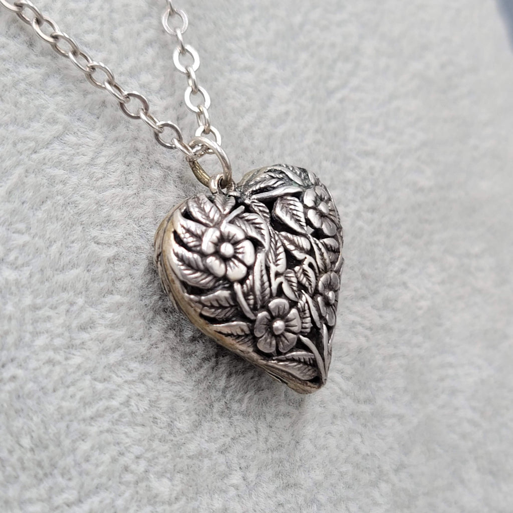 Sterling Silver Necklace Flower Embossed Puffy Heart Pendant Long Chain 30 in
