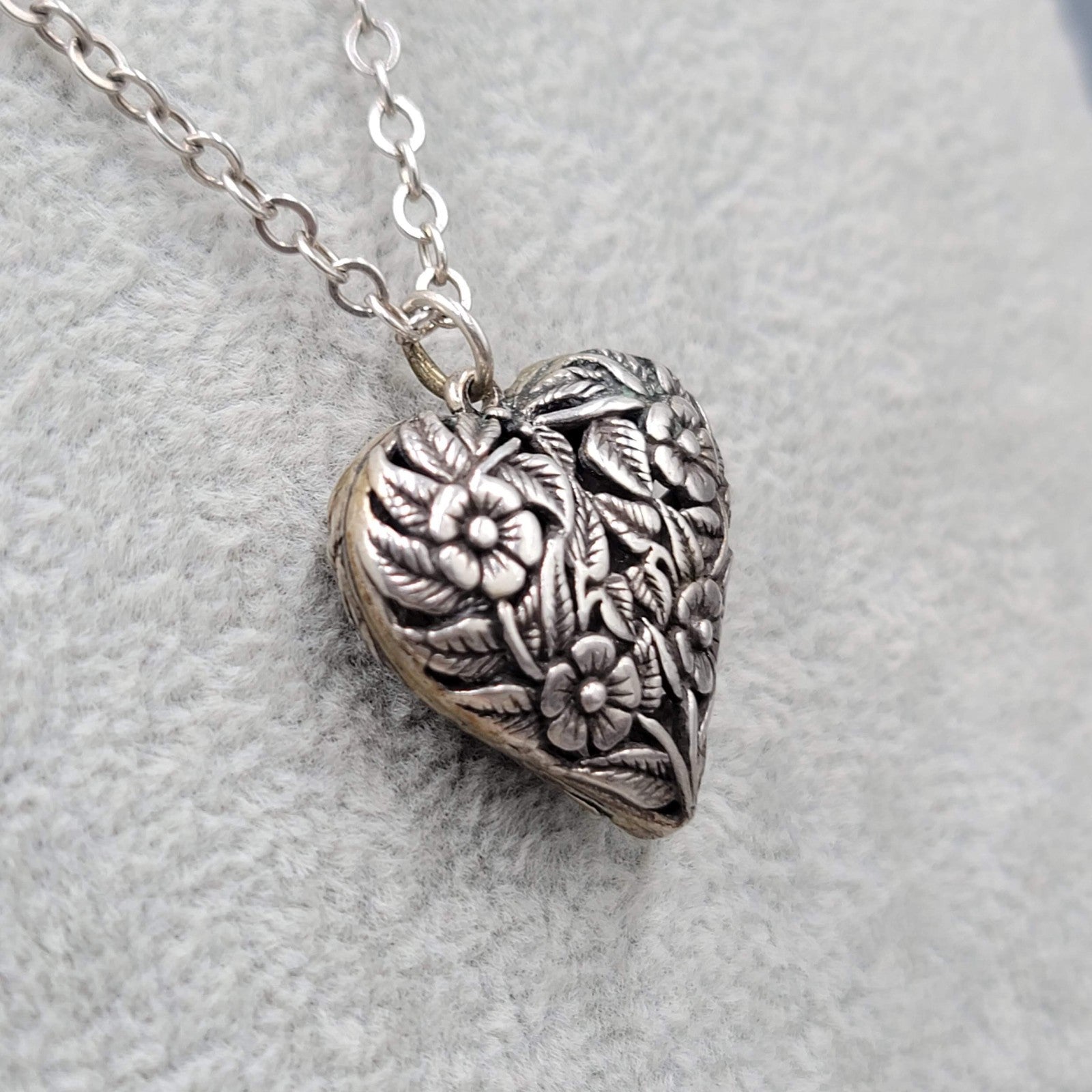 Sterling Silver Necklace Flower Embossed Puffy Heart Pendant Long Chain 30 in