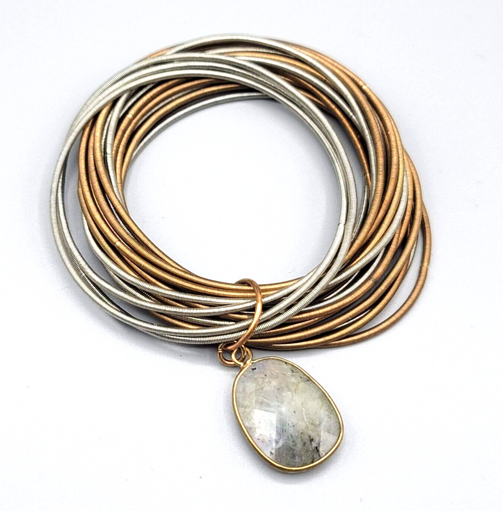 Speckle Stone Bracelet Multi Spring Strand Statement Copper Silver tones 7"