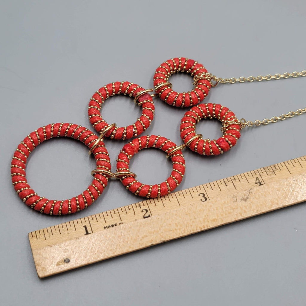 Red Cord Wrapped Rings Necklace Gold tone Chain 16"- 18"