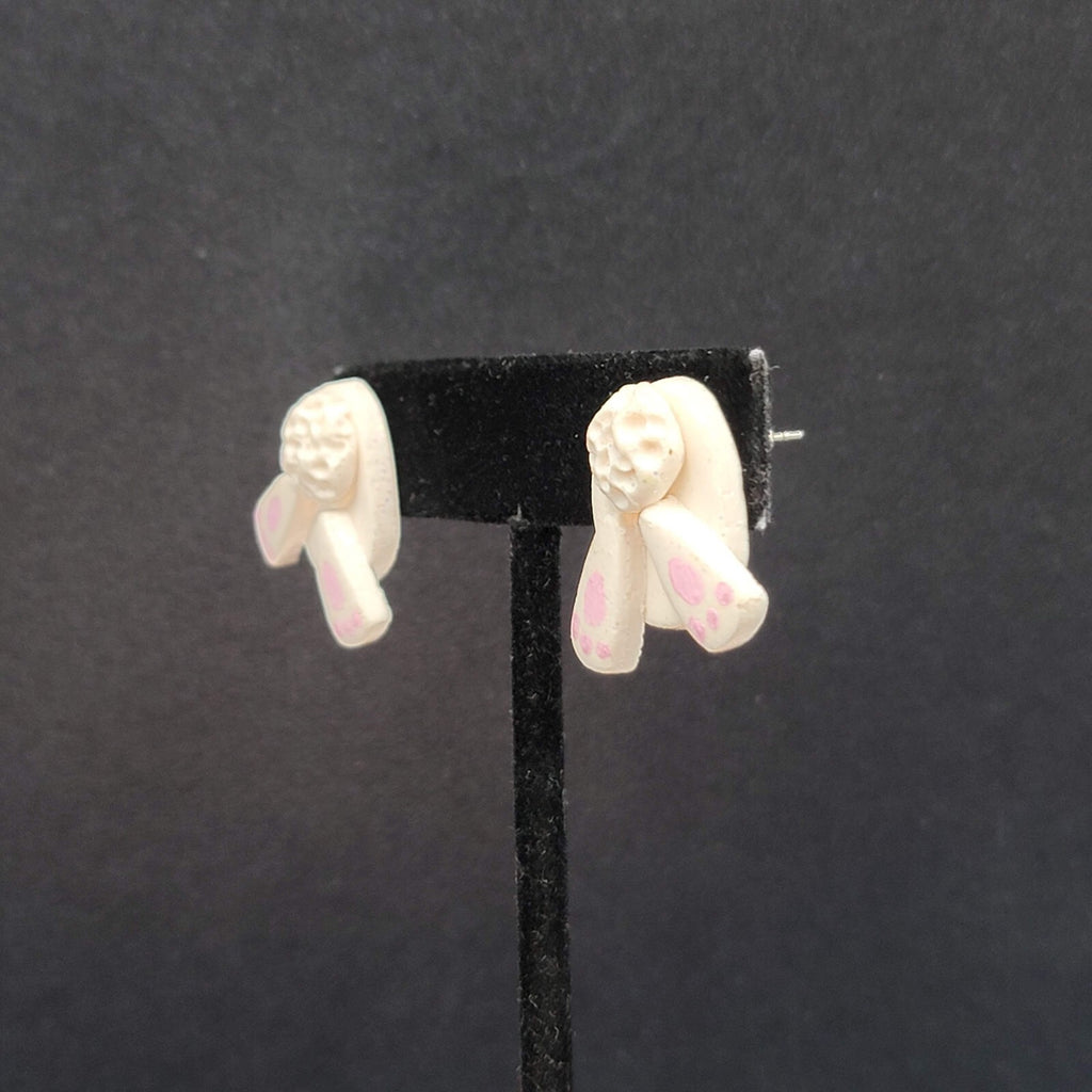 Vintage Pierced Earrings White Bunny Tail Feet Easter Novelty Earrings 1"