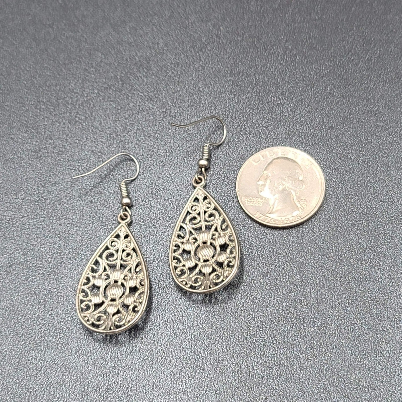 Pierced Earrings Silver tone Rhinestone Open Work Teardrop Dangle 1.25"