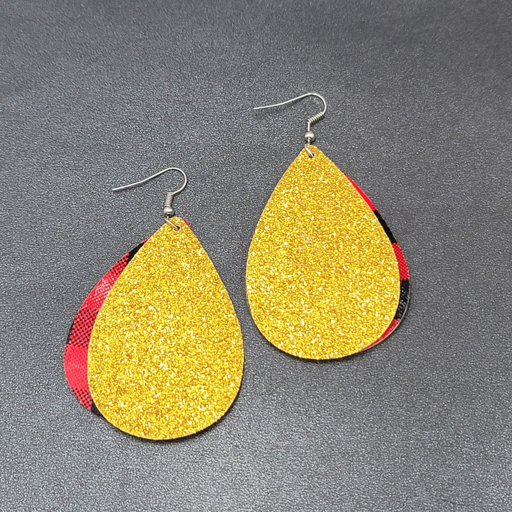 Pierced Earrings Faux Leather Gold Glitter Tree Red Plaid Silvertone Dangle 2.5"