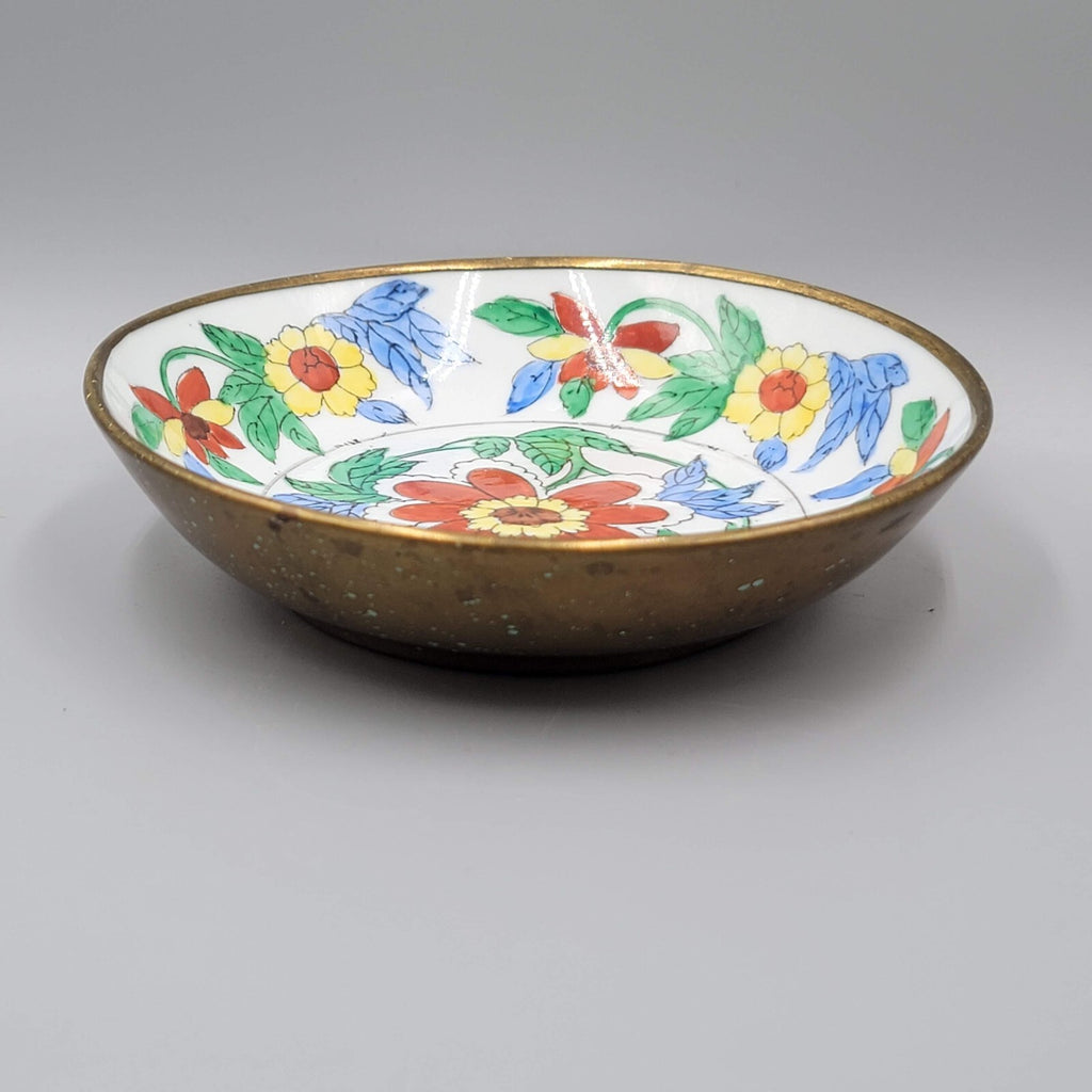 Japanese Porcelain BOWL Hand Painted Flower Brass 6 in